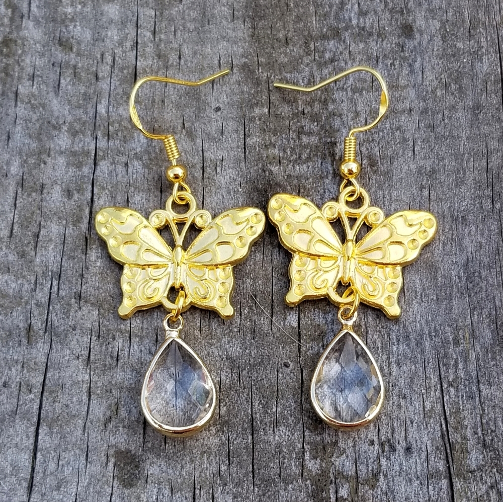 14k Gold Butterfly Dangle Earrings, Large Crystal Teardrop Earrings